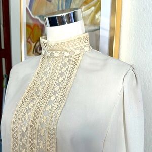VTG Cream Long Sleeve Embellished Blouse with Mock turtleneck lace Collar